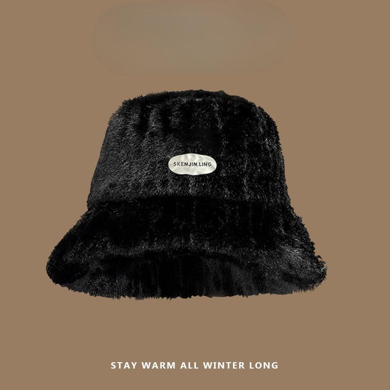 Winter Plush Fisherman Hat Women's Warm Thickened Plush Hat Fashion Versatile Ear Protection Large Head Circumference Bucket Hat Basin Hat