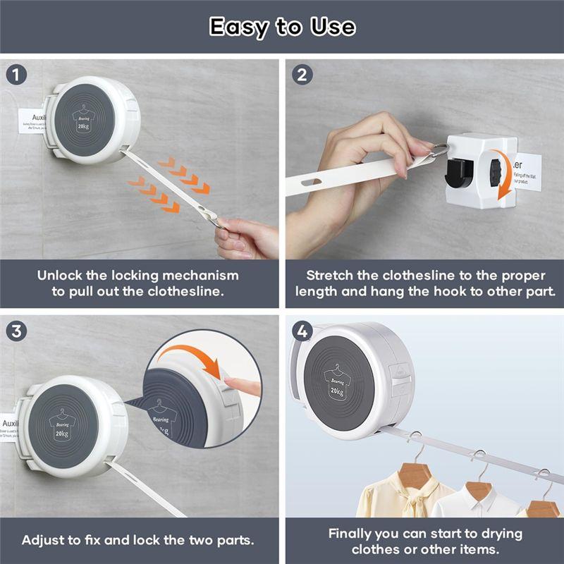 A84E-Retractable Clothesline Indoor/Outdoor Clothes Line, Anti-Slip Locking Buckle Included For Bathroom, Laundry