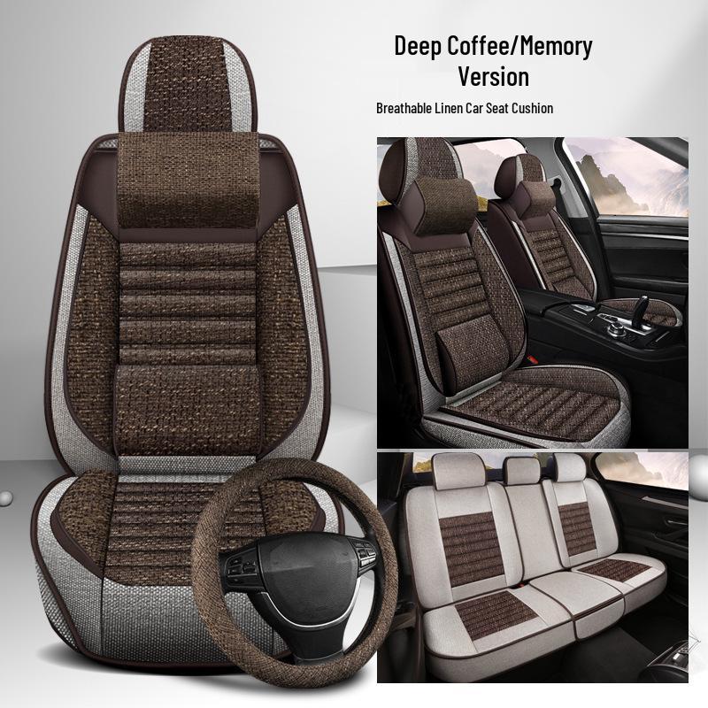 All-Season Breathable Cotton Linen Car Seat Cushion for Five-Seater, Full Surround, Comfortable and Simple Design