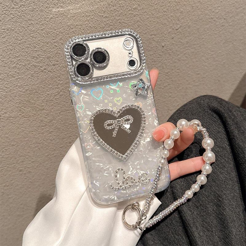 Bow tie rhinestone heart mirror mobile phone case for Iphone17 colorful shell pattern Apple 16 pearl hand chain