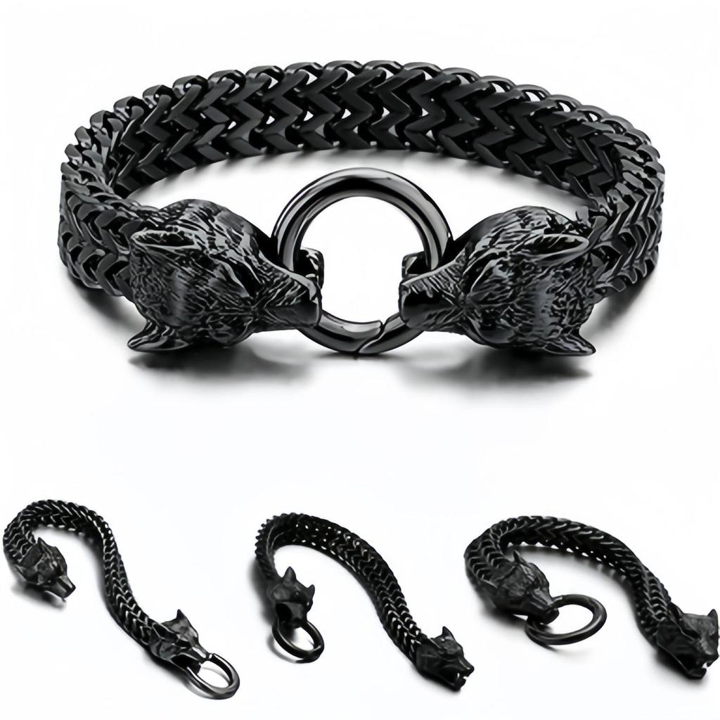 Bracciale Vikingo con Testa di Lupo in Acciaio Inossidabile con Catena a Maglia Franco Retro