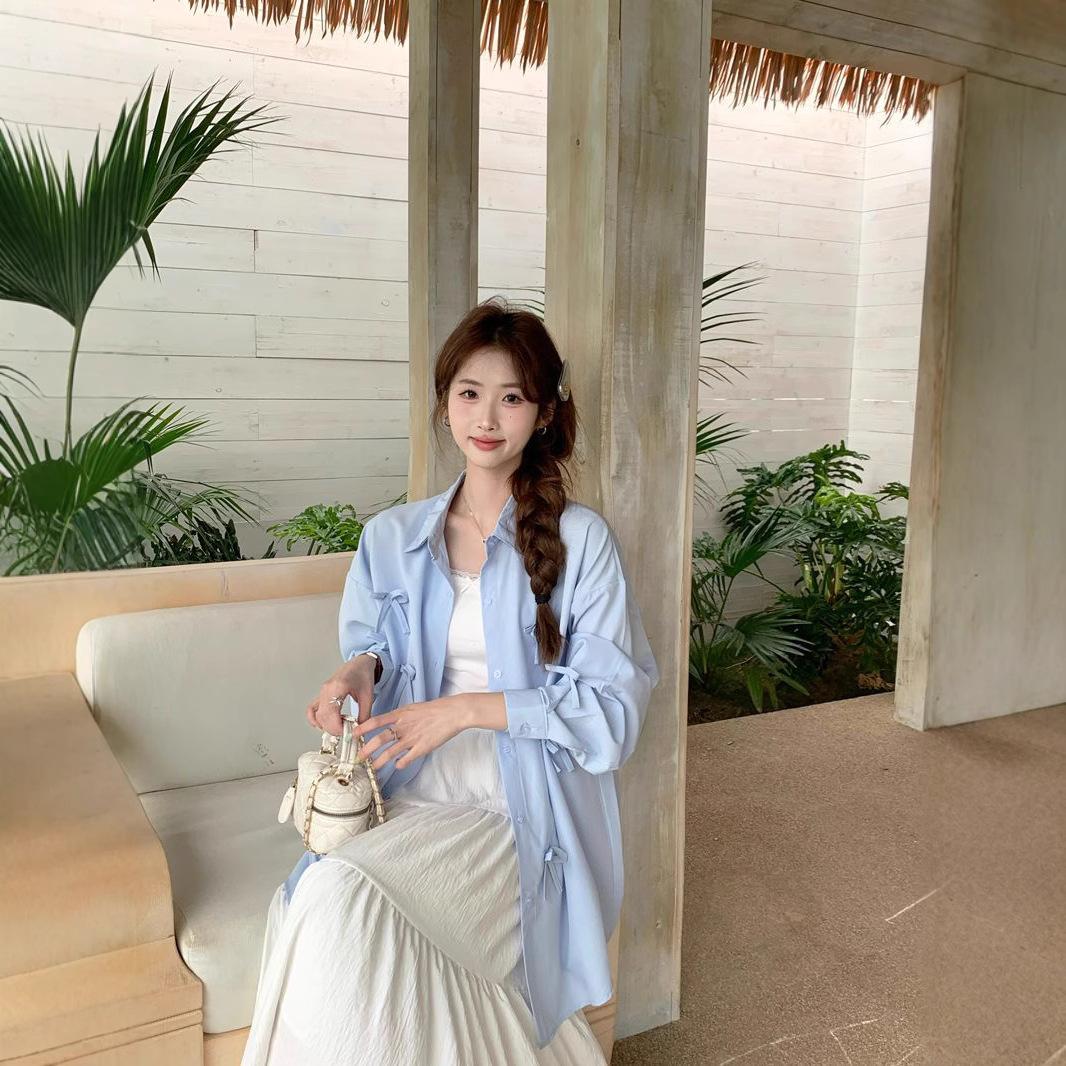 

Милая блузка с бантом и длинными рукавами для женщин на весну и лето. Новая свободная повседневная футболка-поло с защитой от солнца для женщин XXL синий