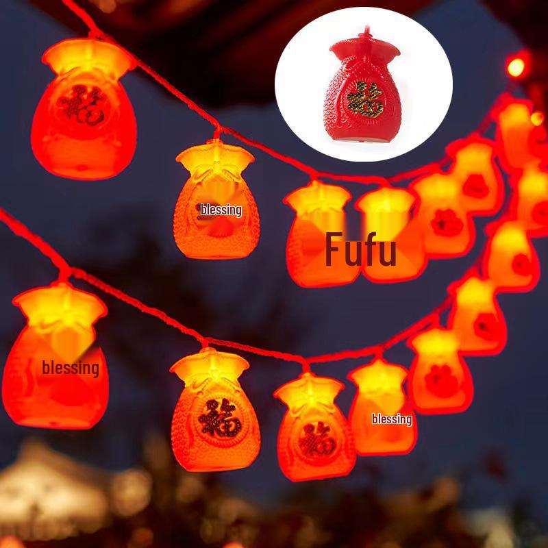 New Year Festival LED Red Hanging Lantern String Lights - Solar/Plug-in Fu Character Decoration