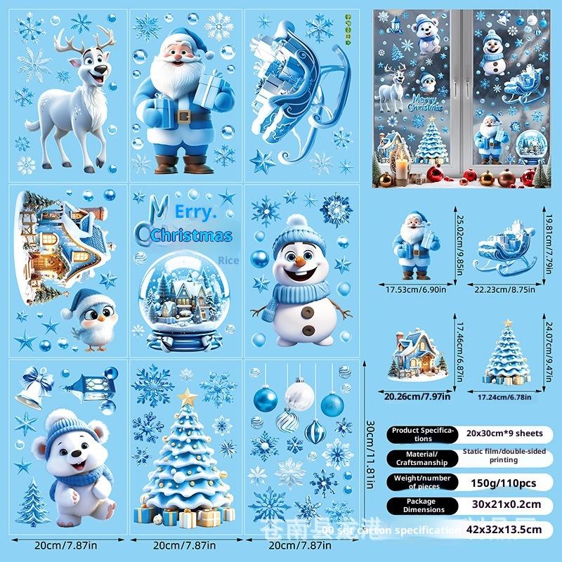 Blue Santa Claus Christmas Window Stickers Cute Reindeer Gingerbread Man Wall Sticker Home Decoration Decal Noel Kerst Navidad