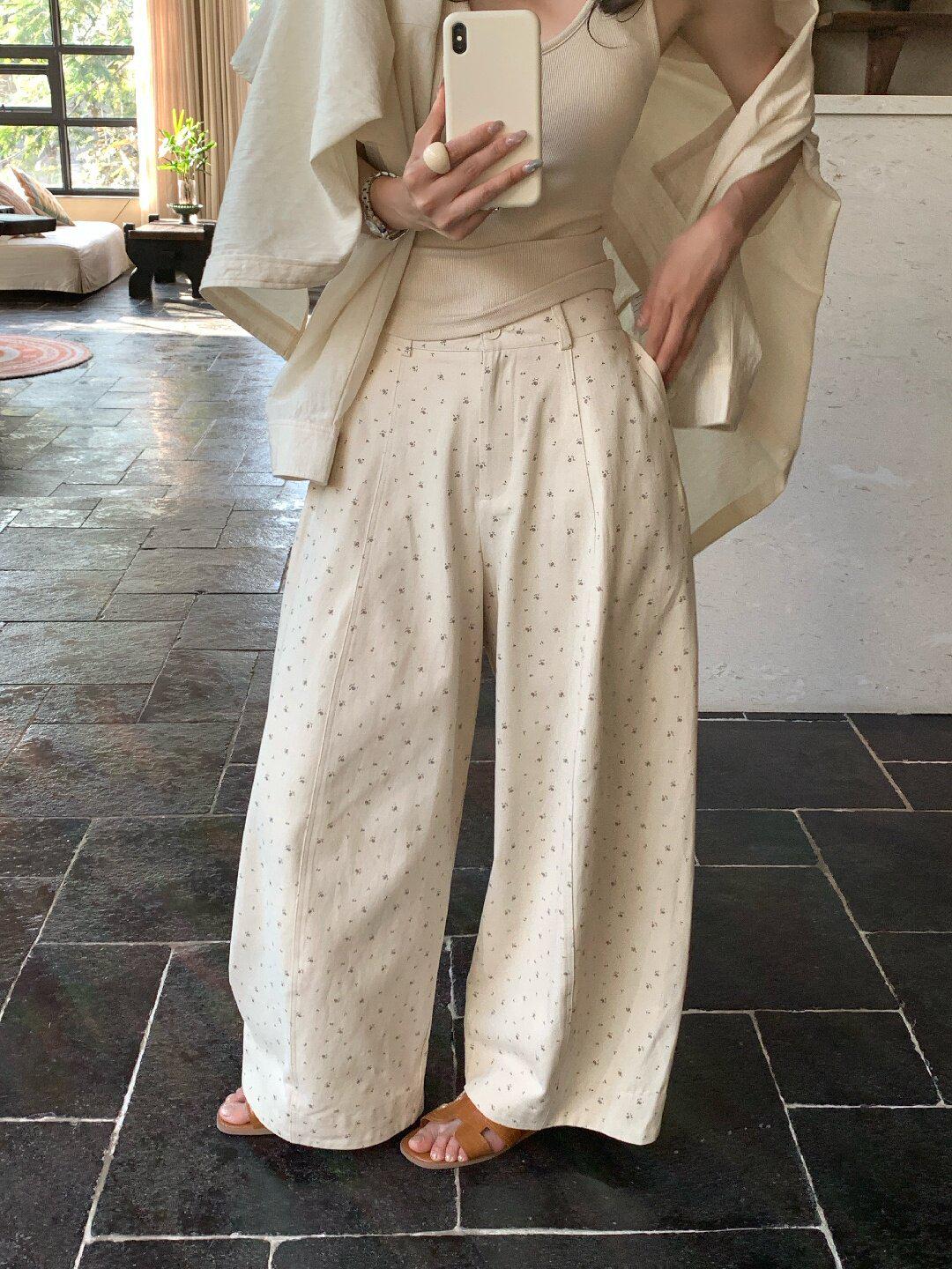 

Korean Style Floral High-Waisted Wide-Leg Pants - Spring Lemon Green Tea Slimming Casual Long Pants for Women Small хакі