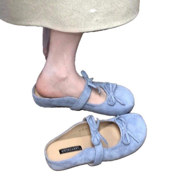 Soft leather version~ Double bow suede bag head drag, new retro thick-soled inner height-increasing Boken shoes in summer 2025