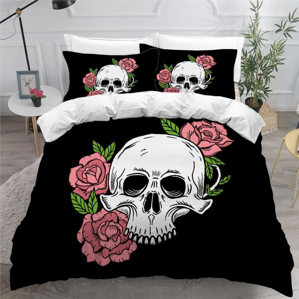 Gothic Skull Duvet Cover Set Queen Size Black And White Skull Bedding Set For Boys Teens Men Retro Floral Comforter Covers Set