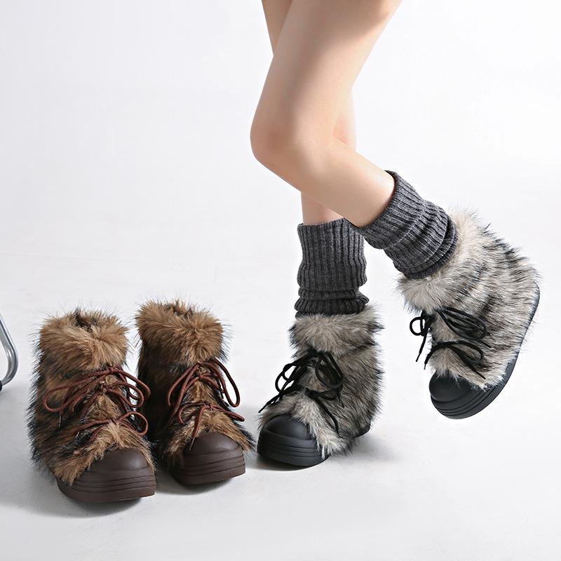 Retro popular fluffy big-headed boots for women's winter new fashionable warm and cold-resistant thick-soled heightening snow boots