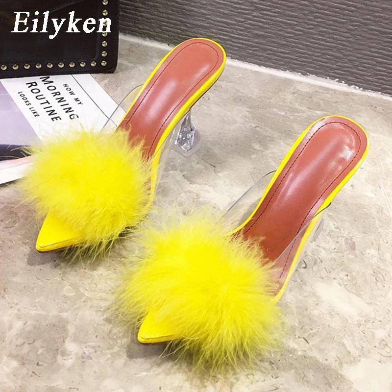 Fashion Eilyken Design White Fluffy Pointed Toe Womens Slippers PVC Transparent Jelly Sandals Perspex Glass Spike Heels Shoes Pumps