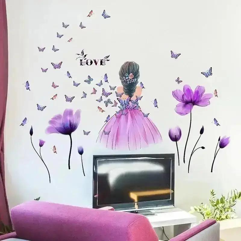 Tulip Girl Wall Sticker For Girls Room Decor Butterfly Self-adhesive Removable Vinyl Mural Decals Kids Room Background Wallpaper