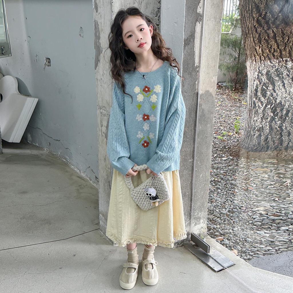 Strickpullover & Rock Set für Mädchen Herbst 2025 - Zweiteiler im koreanischen Stil für große Kinder.