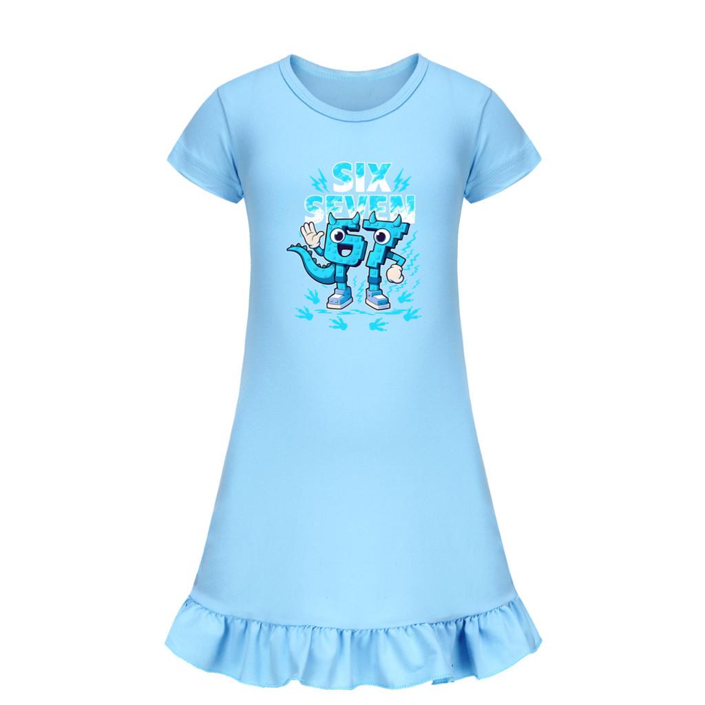 5192 Kids Girls Steal a Brainrot 67 Six Seven Printed Ruffle Short Sleeves Casual Dress