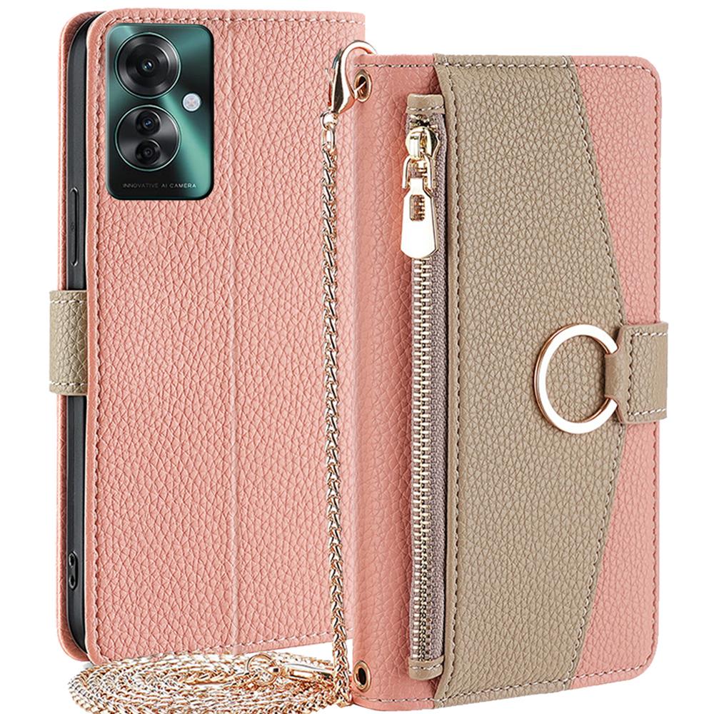 

For Oppo Reno11 F 5G/F25 Pro 5G Case Mirror Leather Zipper Wallet Phone Cover with Shoulder Strap Pink