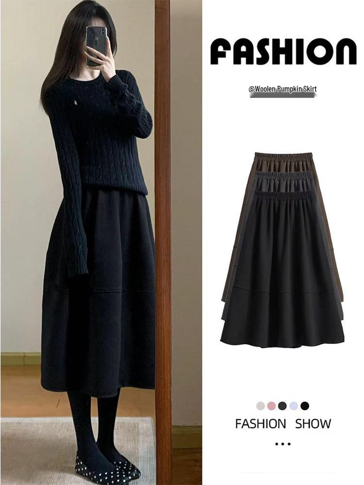 Women's 2026 Black Wool Plaid High-Waist A-line Skirt - Autumn/Winter Slimming Mid-Length