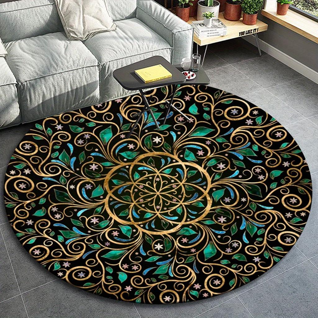 1pc Green Mandala Flower Pattern Round Floor Mat, Non-slip for Living Room Bedroom Chair Carpets Home Decor Gifts, Home Decor Room Decor Out
