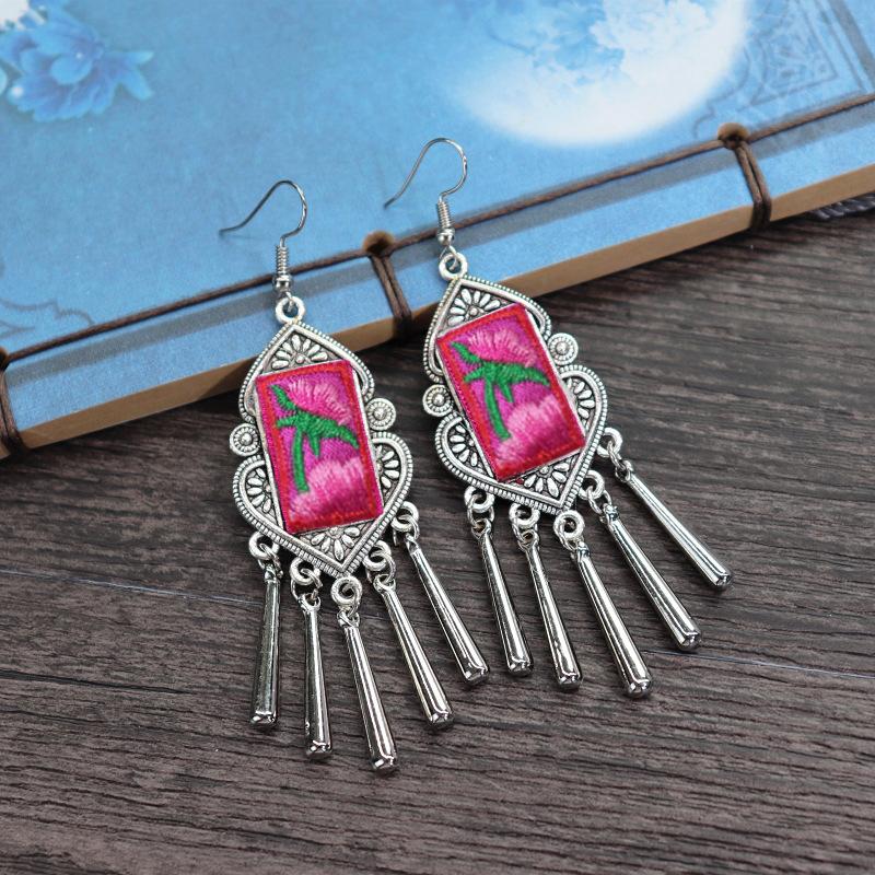Retro hand-embroidered fabric earrings female long flower fringed versatile temperament performance earrings earrings