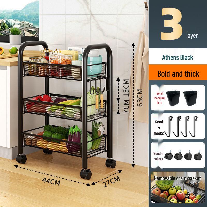 Multi-layer Movable Kitchen and Bathroom Storage Trolley and Vegetable Basket