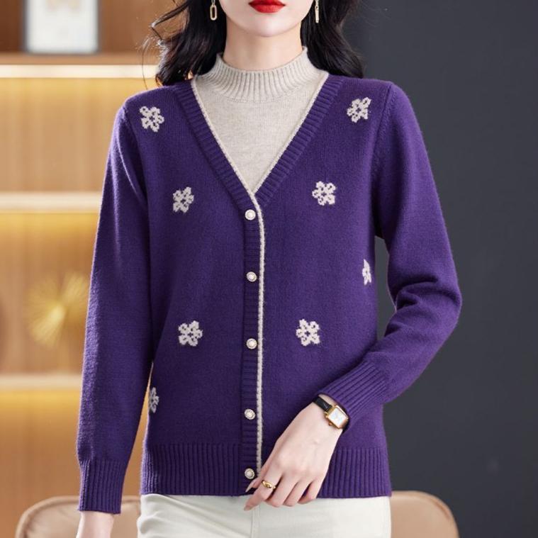 Women's Semi-turtleneck Sweater Autumn Winter Thickened Printed Color-block Knit Sweater Loose Jacquard Pullover Knit Top Outwear