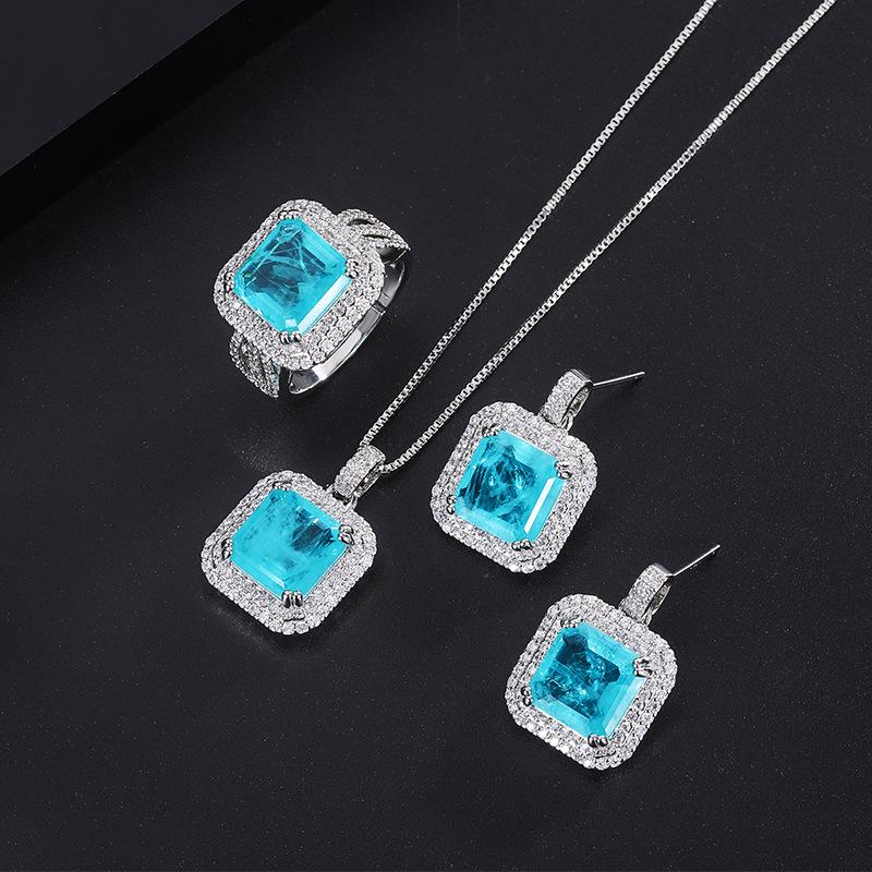 

Paraiba Blue Gemstone Necklace & Simulated Diamond Earrings Set Ring 10x10