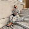 Retro Elegant Stand Collar Long Dress Women Pattern Print Belted Buckle Party Dress Autumn Long Sleeve A-Line Boho Dress
