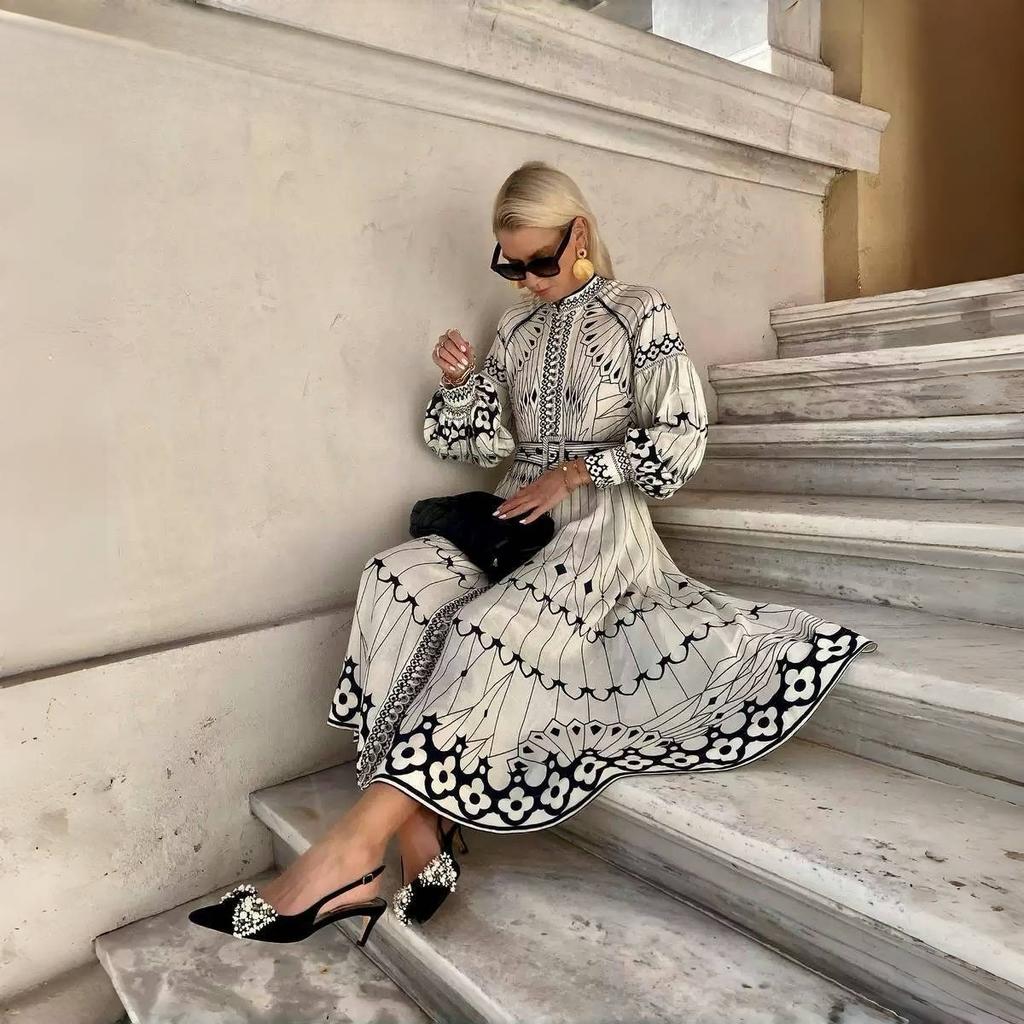 Retro Elegant Stand Collar Long Dress Women Pattern Print Belted Buckle Party Dress Autumn Long Sleeve A-Line Boho Dress