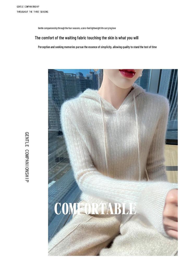 Women's 100% Pure Wool Cable Knit Hoodie Sweater - Autumn/Winter Collection.