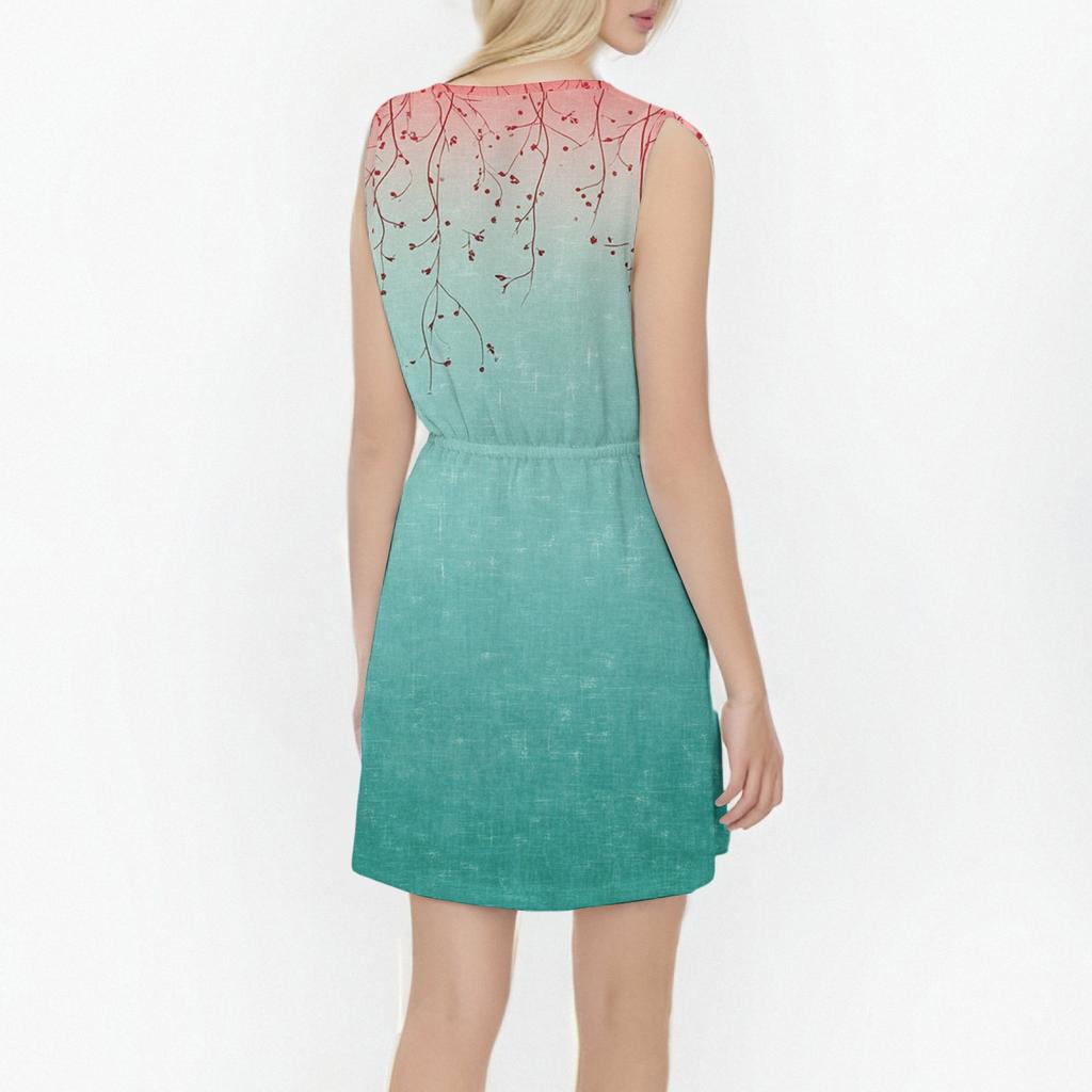 Women's Fashion Sleeveless Round Neck Printed Decorative Button Double Pocket Lace-up Dress