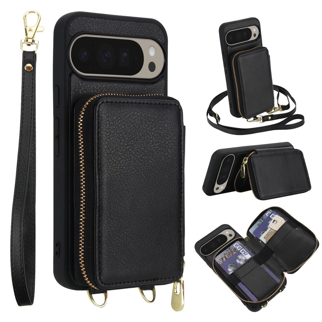 For Google Pixel 9 Pro XL Case RFID Blocking Zipper Wallet Leather + TPU Phone Cover with Shoulder Strap