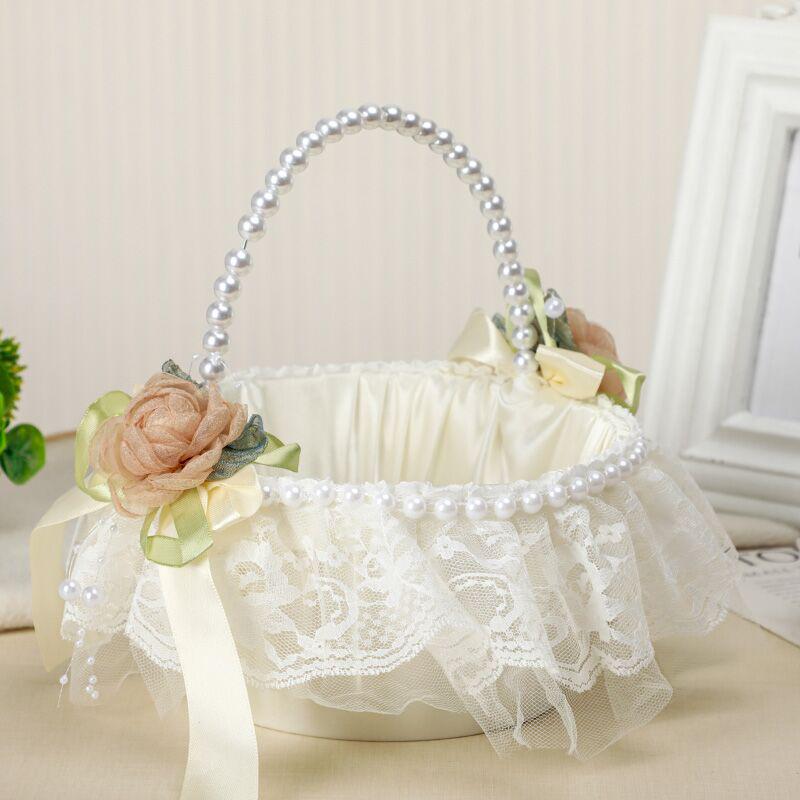 Ivory White Rose Wedding Flower Basket for Bride and Flower Girl