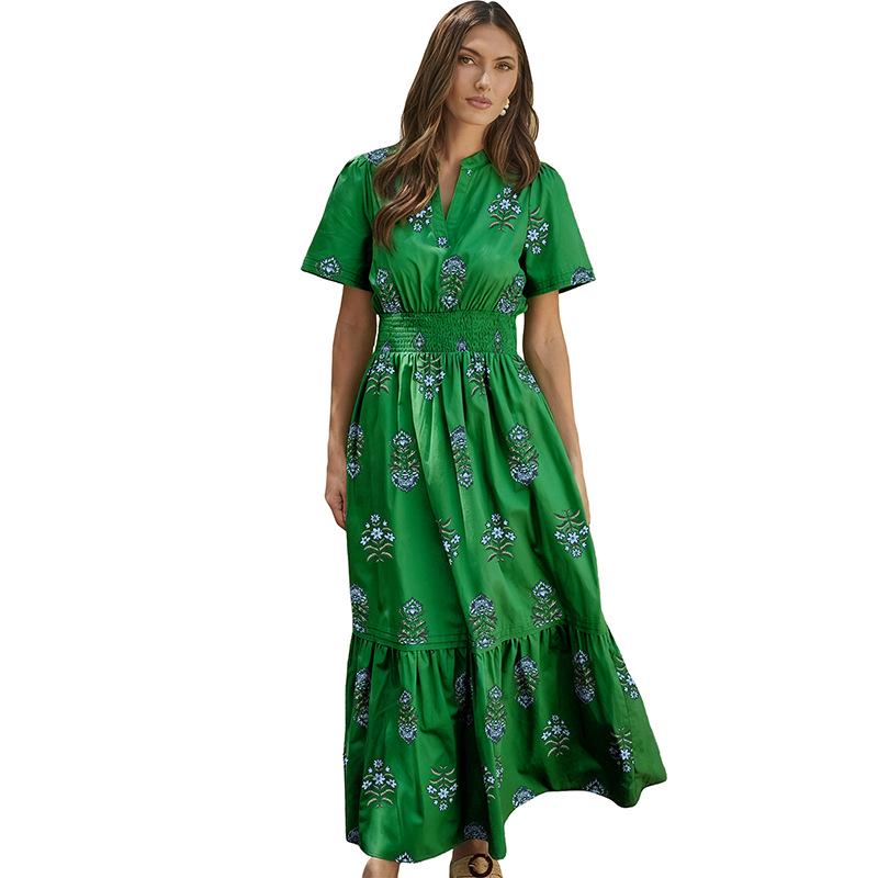 Shi Ying Summer Floral V-Neck Dress: Women s Elegant High Waist, Versatile European American Fashion. S