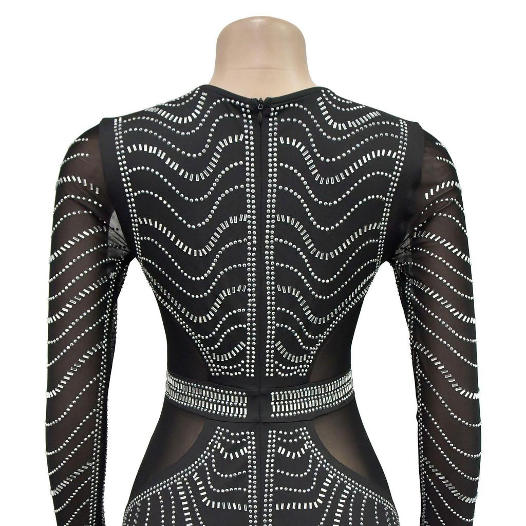 Women's Fashion Solid Color Mesh Long Skirt Dress with Hot Drilling