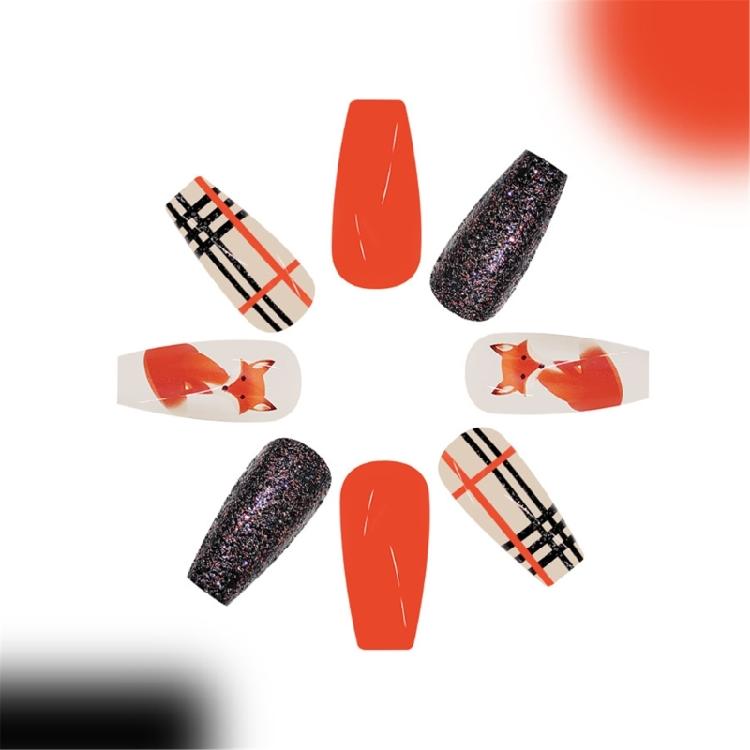 Fall Themed Cute Foxes Press On Nail Glossy Stick On Nail 24 Pieces Thanksgiving False Nail Stylish Manicure Nail Art
