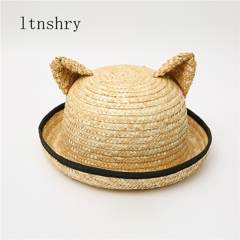 

New Summer New Cat Ears Handmade Natural Straw Sun Hat with Bow for Women Solid Beach Cap Girls UV Protection Sunhat child