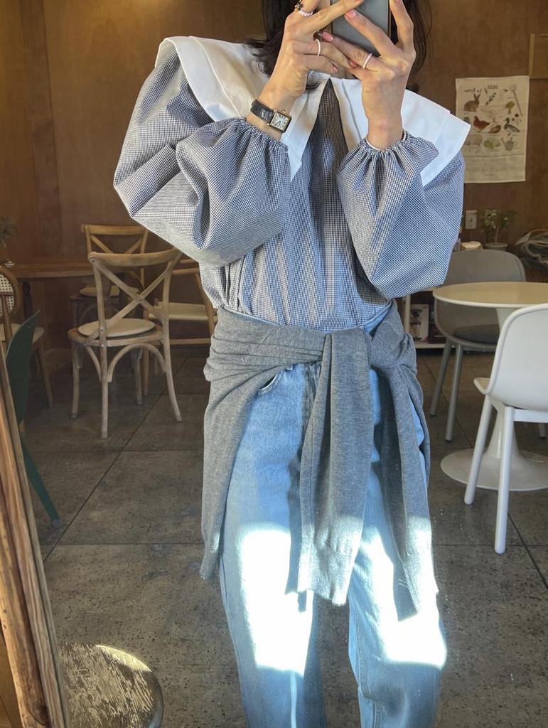 2026 Korean Chic Double-Layer Doll Collar Plaid Shirt with Puff Long Sleeves for Women.