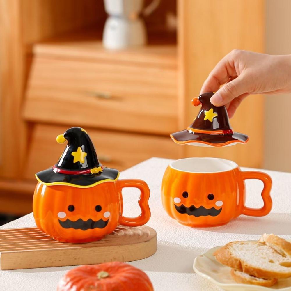 Kreativní vtipný elfský kreslený hrnek Halloween dýňový styling malého ducha keramický hrnek kancelářský s krytem voda