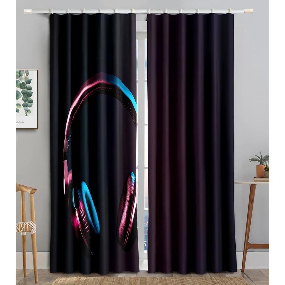 Earphone Music Red Heart Pink WaveBlackout Window Curtain for Living Room Bedroom Bathroom Kicthen Door Cupboard Decor Hooks