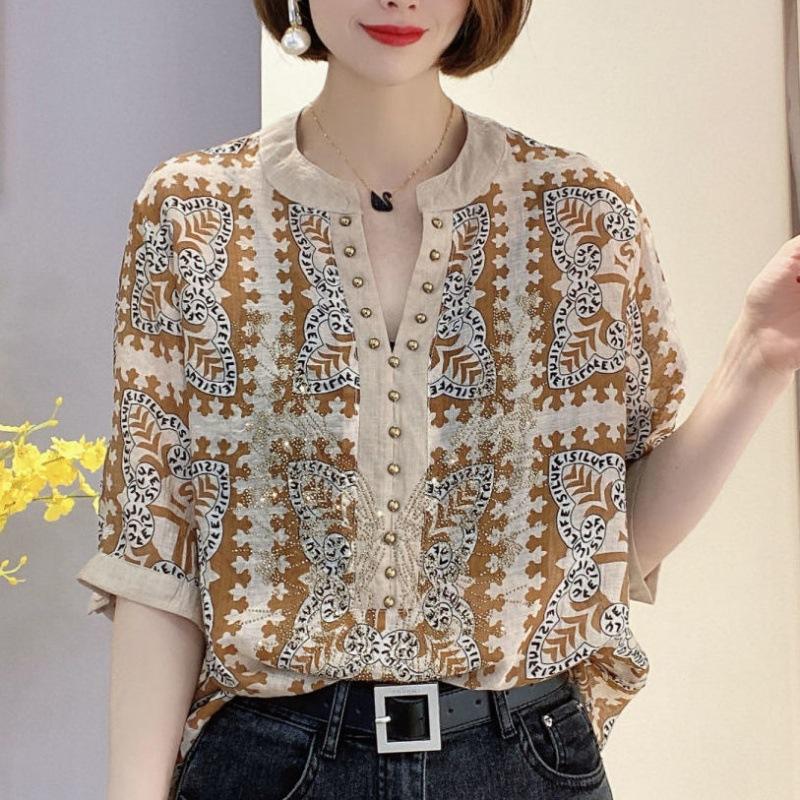 

Women s Summer Ethnic-Inspired Print Shirt: Stylish, Loose-Fit, Casual Oversized Top 4XL