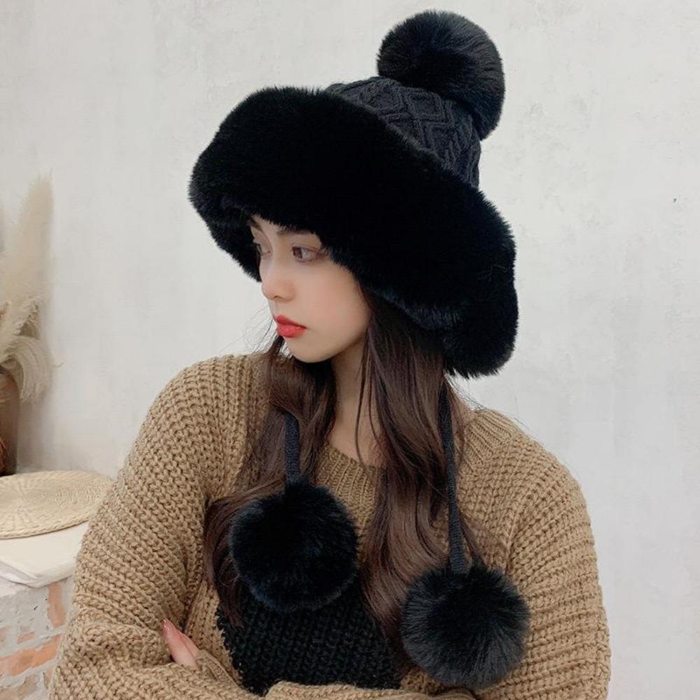 Thicken Hat New Style Ladies Fur Ball Plus Velvet Warm Hood Outdoor Autumn and Winter Cold-proof Fashion Cute Woolen
