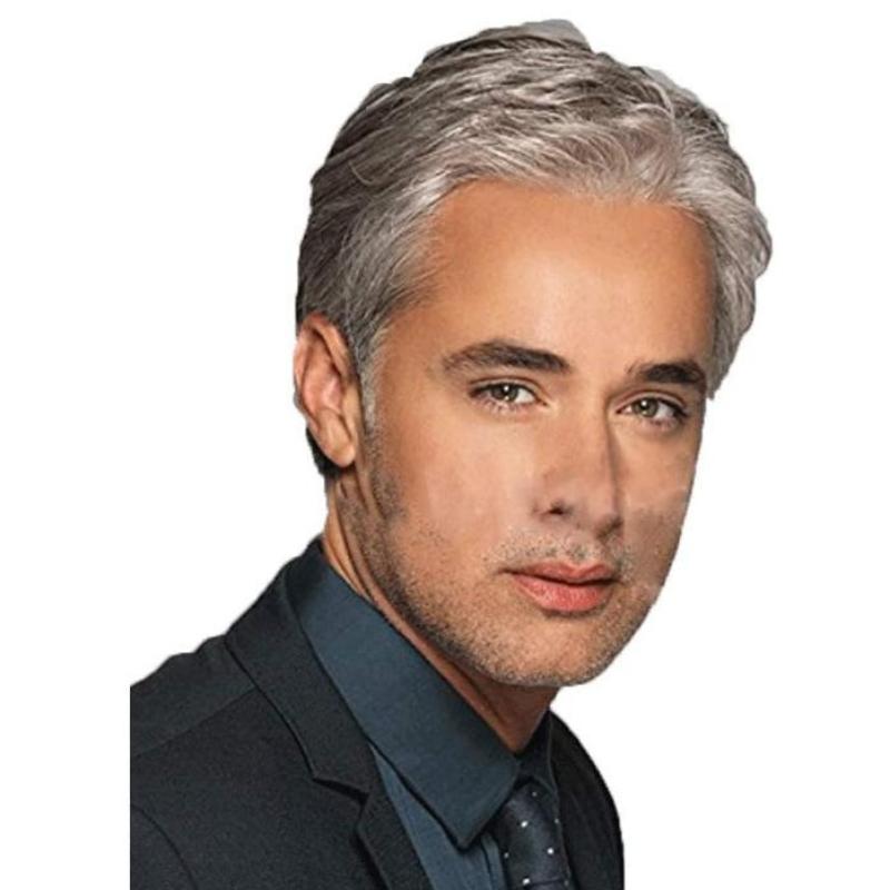 Kurze silbergraue Herrenperücke mittleren und alten Alters, natürlich aussehende, hitzebeständige synthetische, flauschige Perücken für den Alltag