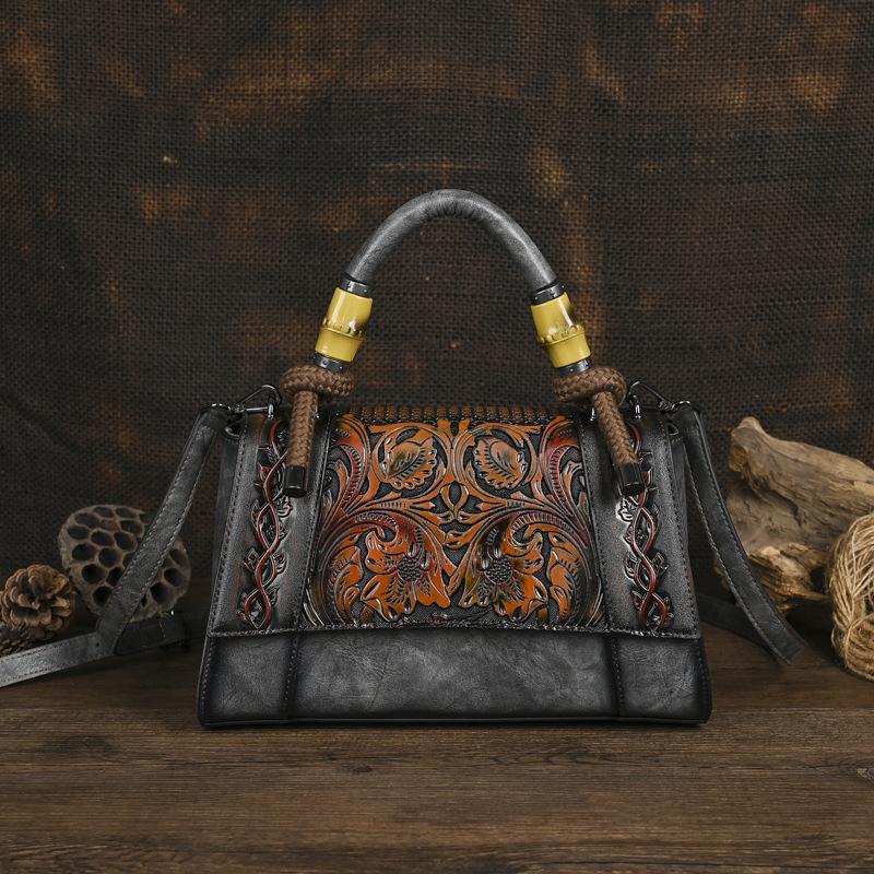 Johnature Chinese Style Embossed Leather Bag Vintage Large Capacity Women's Handbag Versatile Shoulder Bags