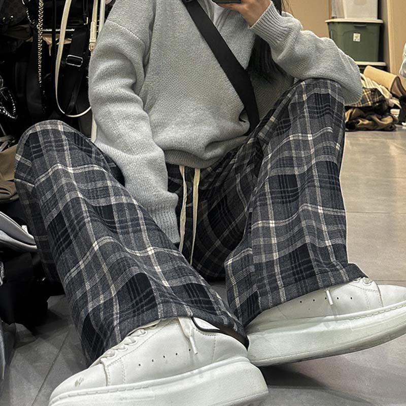 Women's Elegant Plaid Wide Leg Pant Vintage Chic High Waist Pants High Street Trendy Cool Trousers