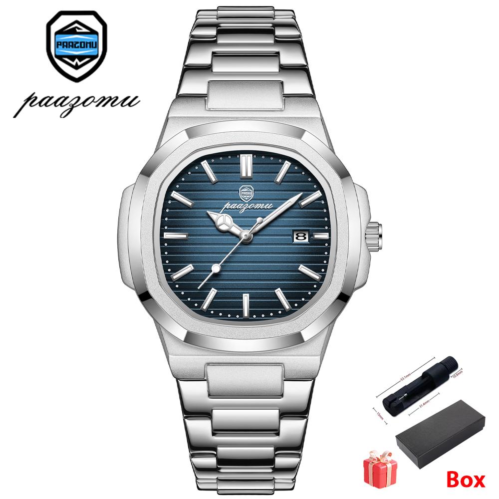 Paazomu Luxury Watch Business Waterproof Male Clock Luminous Date Stainless Steel Square Quartz Men Watch Reloj New