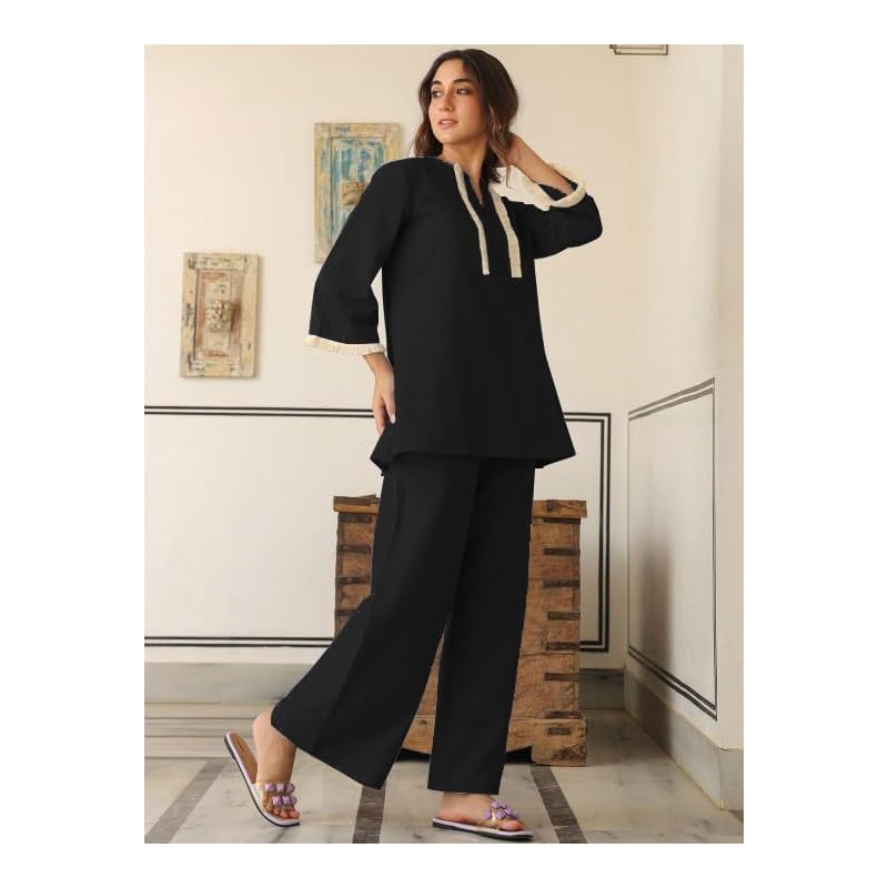 GRECIILOOKS Polycotton Ethnic Mid-Thigh Length Stylish | Festive Travel Co Ord Kurta Set for Women (GL-W2048&TR1023_Blac S