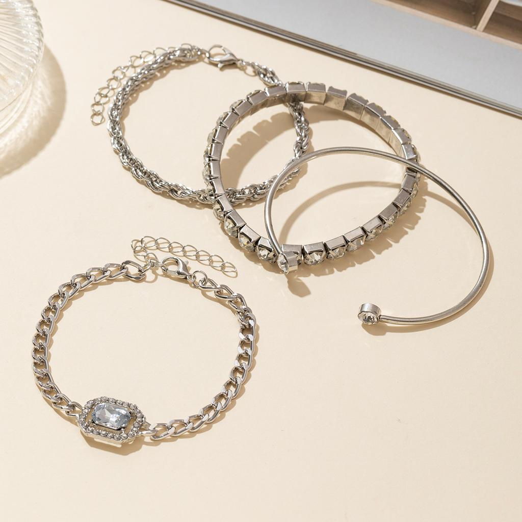 4 Stück/Set Strass-Dekor Gedrehter Armreif Mode Hohlkette Mehrlagig Hand Geometrie Einfacher Offener Armreif Für Frauen Geburtstagsgeschenk