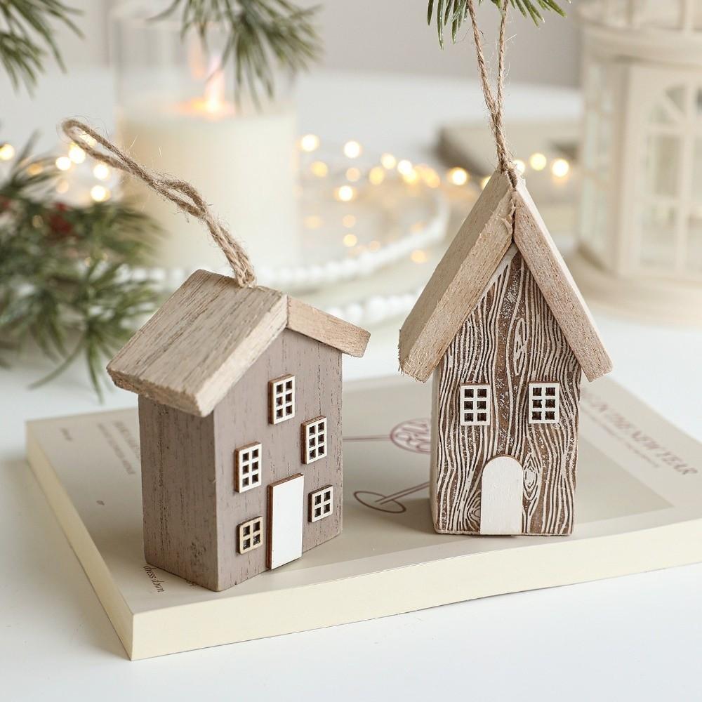 New Wooden Christmas House Pendant Village Pendant DIY Log House Ornament Christmas Drop Ornaments New Year Decor