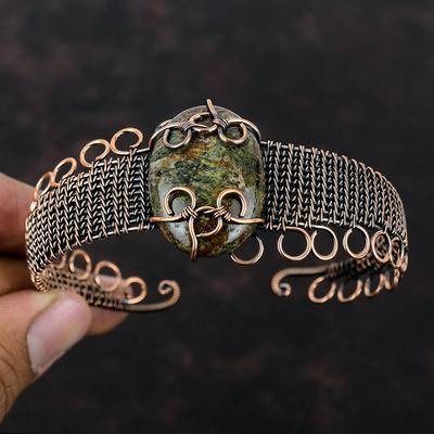 Spessartine Garnet In Limestone Cuff Bracelet Copper Wire Wrapped Gemstone Bangle Handmade Adjustable Cuff Bracelet Copper Jewelry For Gift