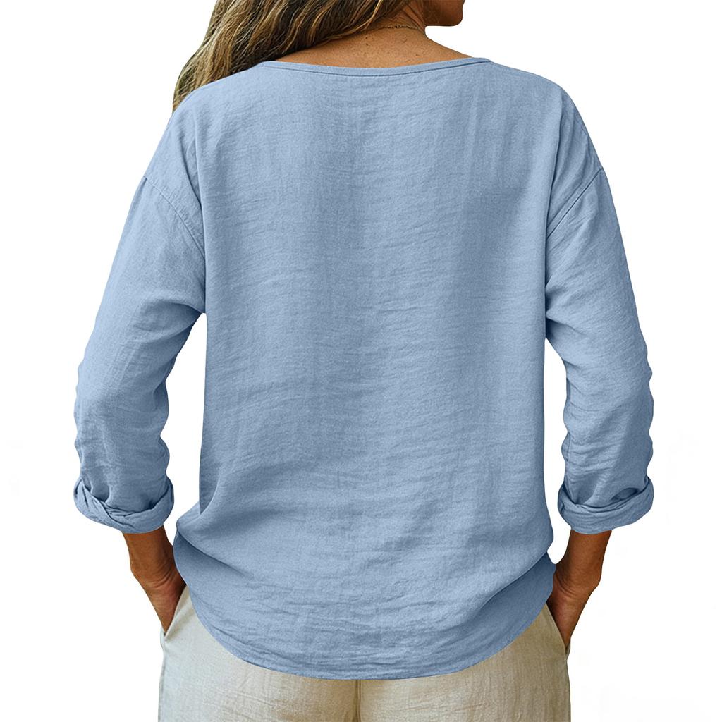 Damen Baumwolle Langarm Oberteile Lässiger Lockerer Schnitt V-Ausschnitt Leinenhemden