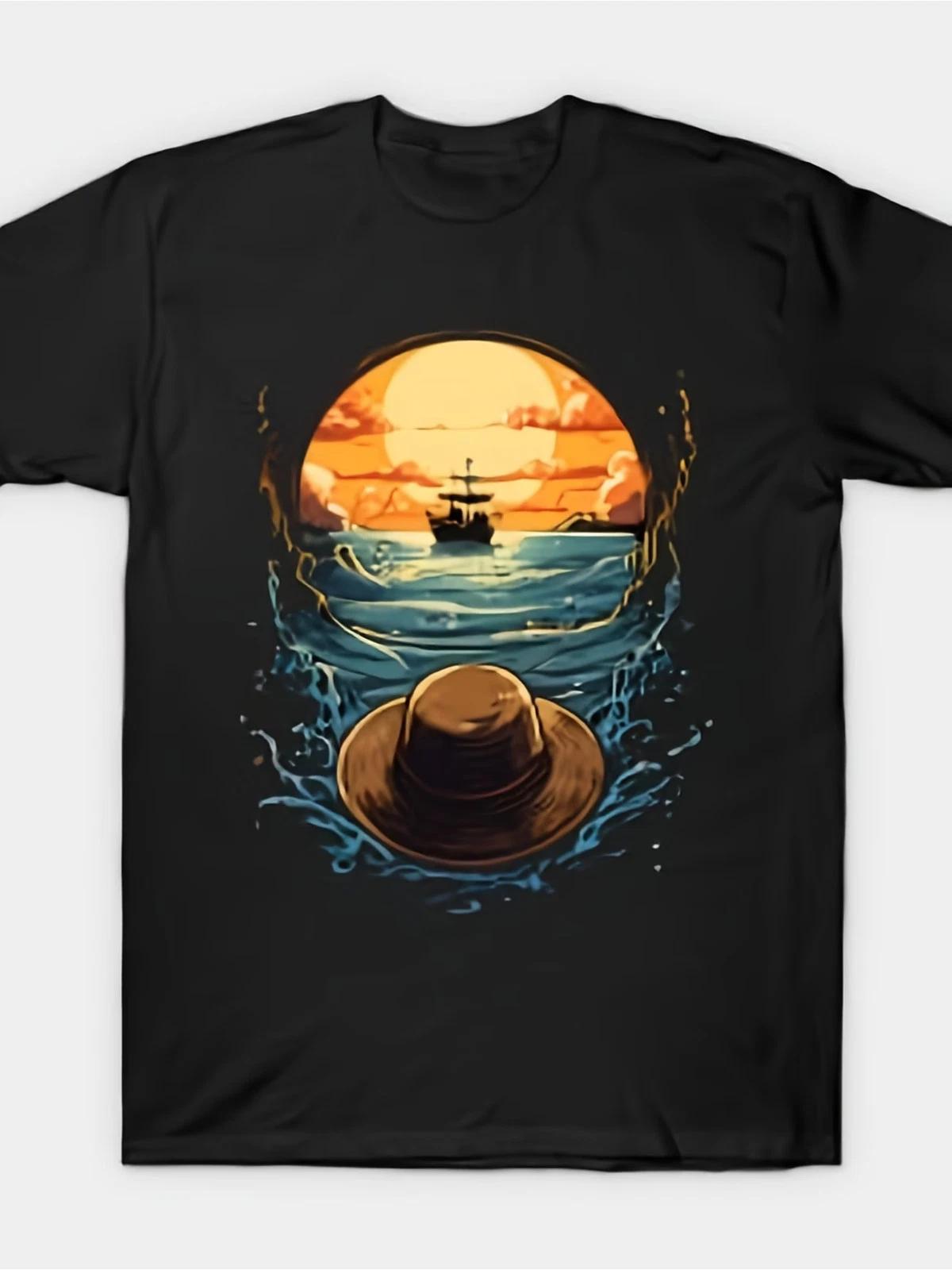 One Piece T-Shirt Trendy Loose Design Anime Print Pure Cotton Retro Round Neck M XS