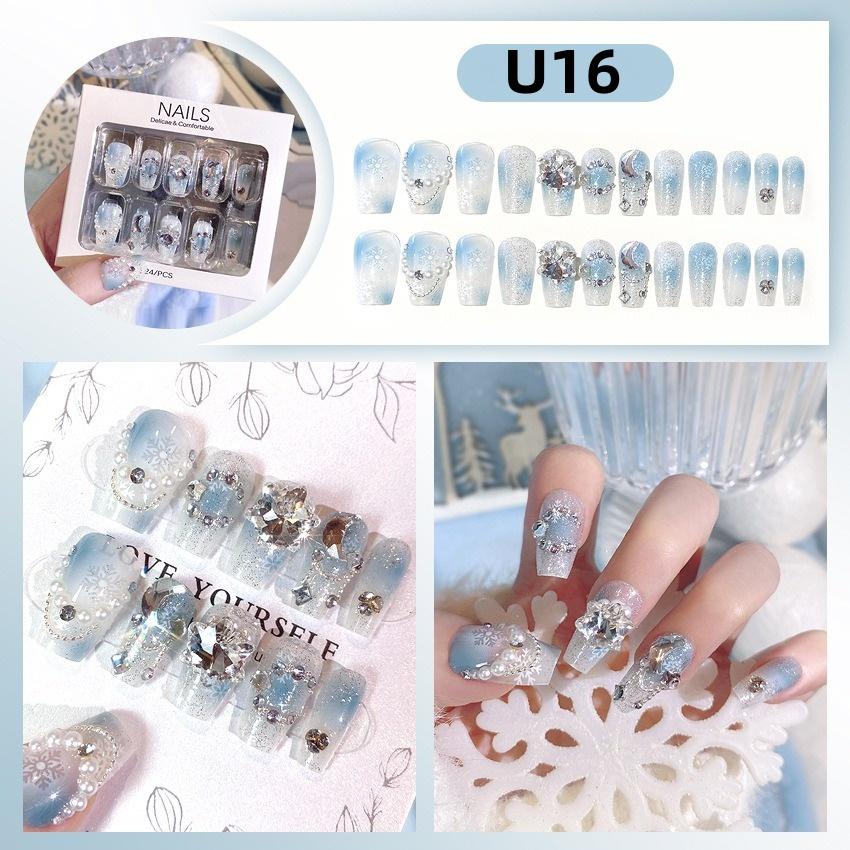 White Blue Color 3D Rabbit Star Rhinestone Designs-Full Cover Acrylic False Nails for Women and Girls Detachable Long Fake Nails