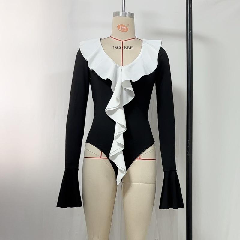 Женский комбинезон, Новый летний V-образный вырез, Рукава-фонарики с оборками, Приталенный верх, Комбинезон S